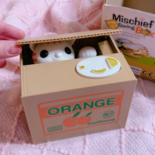 Load image into Gallery viewer, Kitty coin bank toy - “ mischief saving box “ - 5” tall - it works!

