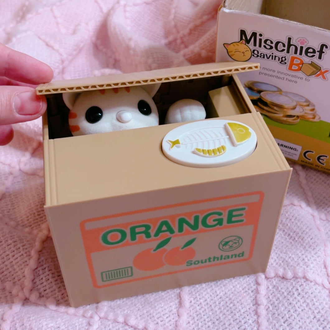 Kitty coin bank toy - “ mischief saving box “ - 5” tall - it works!